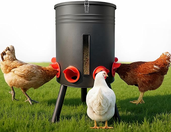 KOL 50 LB Large Free Standing Chicken Feeder, Portable Gravity Chicken Feeder Automatic, Dispenser, 8 Feeding Ports Poultry Feeder for Chicken Rooster & Hen (Black)