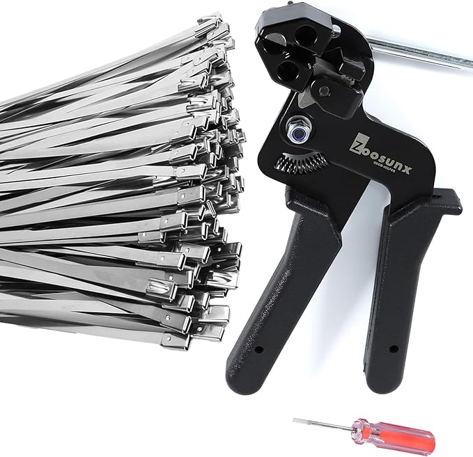 Metal Zip Tie Tool Kit: Heavy-Duty Stainless Steel Cable Tie Tensioner with 100PCS 11.8-Inch Self-Locking Metal Zip Ties for Fencing, Exhaust, Pipes & Industrial Repairs(100PCS+TOOL, SILVER)