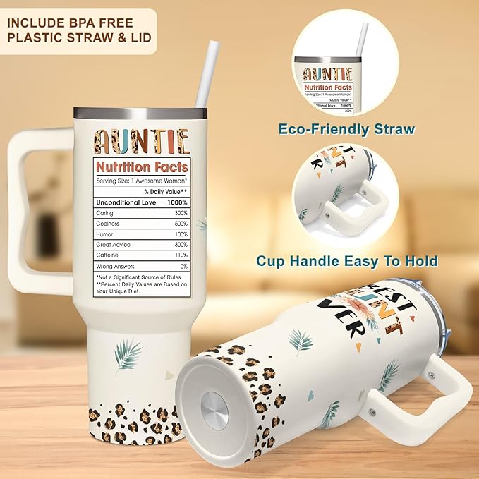 Mothers Day, Christmas, Birthday, Gift for Auntie, Aunts - Gifts for Aunt, Auntie - Aunt Gifts from Niece, Nephew - Gift for New Aunts - 40oz Tumbler With Handle & Straw