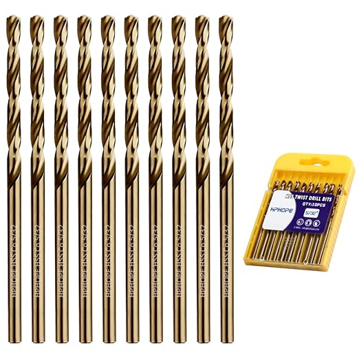 5/32 Inch Cobalt Drill Bits 10Pcs - HPHOPE M35 HSS Metal Twist Drill Bits Set, Jobber Drill Bits Length and Straight Shank, Suitable for Drilling in Hard Metal, Stainless Steel, Cast Iron
