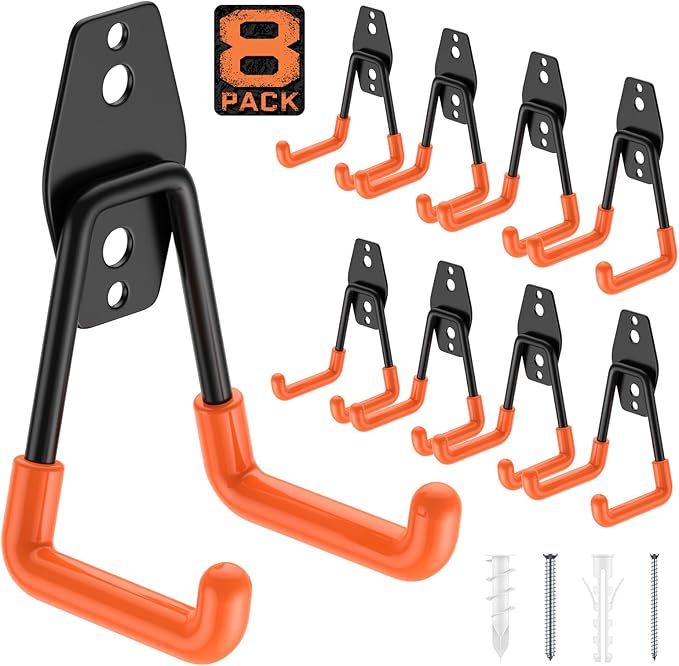 Garage Hooks with Anti-Slip Coating,Heavy Duty Wall Mount Storage Hooks for Hanging Bike,Hose,Ladder,Yard,Garden Tools (8 Pack Orange 4.5x2.75 inch)