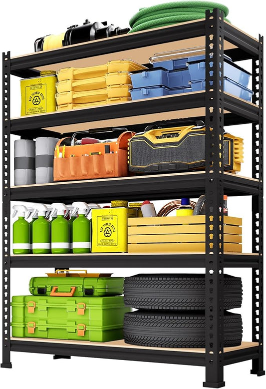 5-Tier Metal Storage Shelves: Heavy Duty Garage Shelving Adjustable Shelves for Storage - Black Utility Rack Shelf for Pantry, Warehouse, Closet, Office, Kitchen, 28" W x 12" D x 59" H