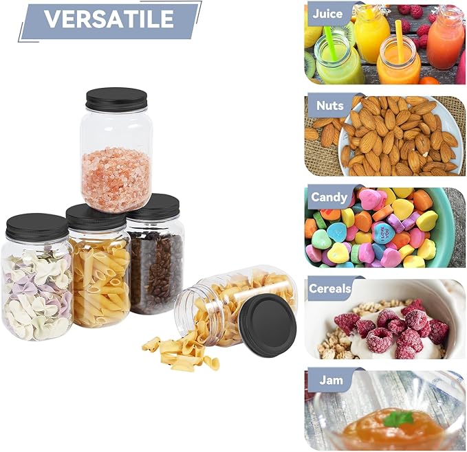 novelinks 16 oz Clear Plastic Jars with Screw-On Lids - BPA-Free Refillable Storage Containers for Slime, Food, Crafts, Kitchen & Household Use (10 Pack,Black)
