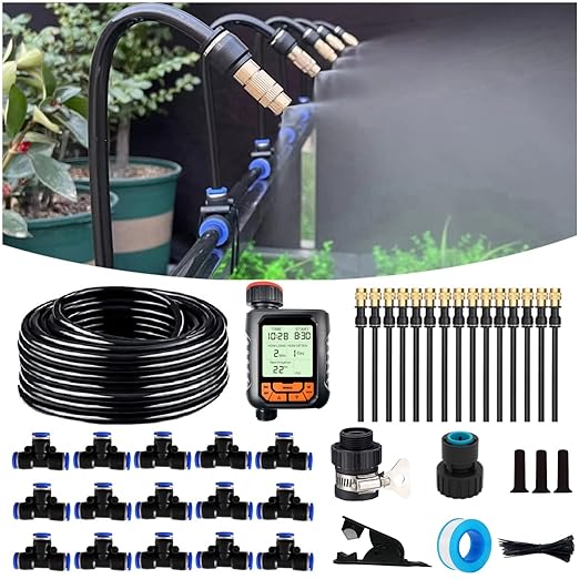 New Quick Connector Drip Irrigation Kits,Automatic Irrigation System with 360-degree Bending Dropper,Adjustable atomizing Copper Nozzle for Watering System for Garden Plants Lawn.(Automatic Timer)