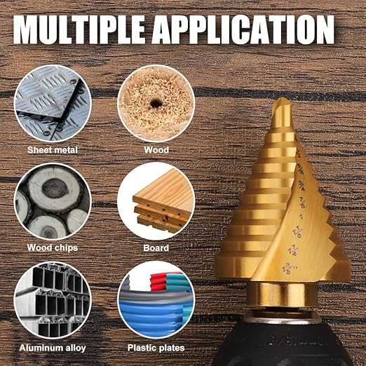 COMOWARE 5PCS Titanium HSS Step Drill Bit Set with 1/4" Hex Shank, Automatic Center Punch, Two Spiral Flute Impact Design, Ideal for Metal, Stainless Steel, Wood, Plastic