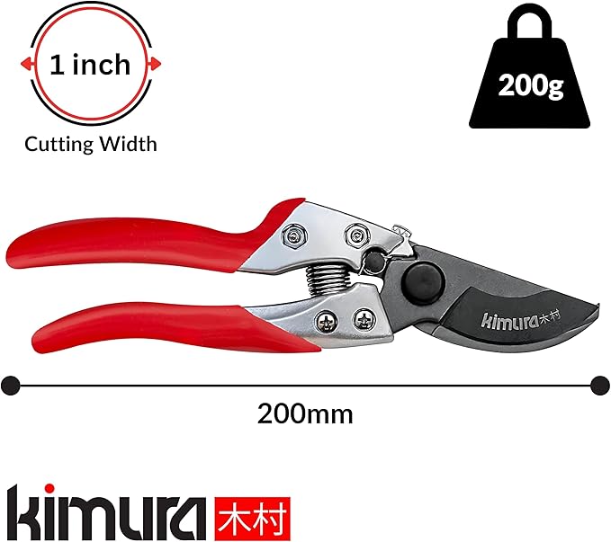 Kimura® 8" Pro Bypass Pruning Shears, Heavy Duty Japanese SK5 Steel Blades, 1 inch Cut Capacity, Non-Slip PVC Coated Handles, Lightweight & Ergonomic, Japanese Pruners, Professional Garden Clippers