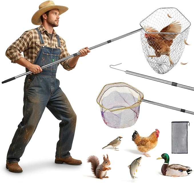 Chicken Catcher 3 in 1 Kit,Adjustable from 33" to 79" Chicken Net with 2 Folding Catching Nets & Chicken Leg Hook.Suitable for Catching Chicken,Ducks,Fish,Birds,Poultry and Animals（15.3" x 23.2" Net）