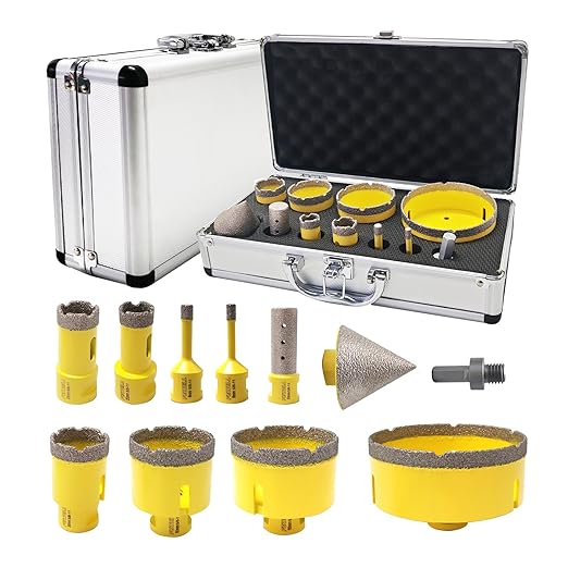 FEWELL 11pcs Diamond Tile Hole Saw Kit with 5/8-11,Diamond Core Drill Bit Set (6/8/20/25/35/50/65/100mm+20mm Finger Bit+50mm Chamfer Bit) for Porcelain Ceramic Tile Marble Granite