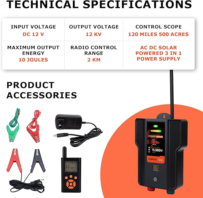 Electric Fence Charger AC DC Powered 65 Miles 200 Acres, 110 Volt 2 Joule Plug-in Electric Fence Energizer, Output Voltage Max 12 kV for Livestock, Preventing Predators from Intruding