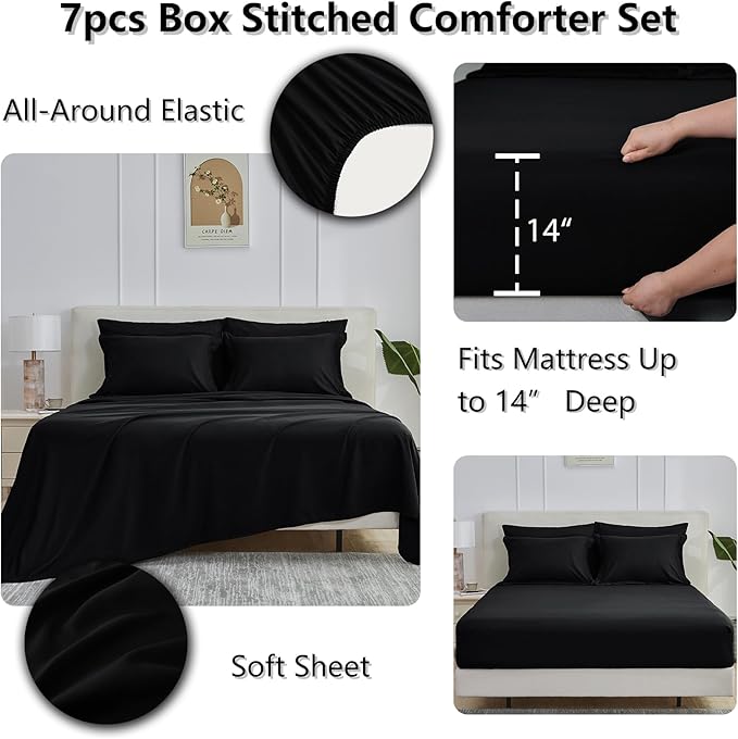 CozyLux California King Comforter Set Black - 7 Pieces California King Bed in a Bag Set, All Season Soft Bedding Sets with Comforter, Flat Sheet, Fitted Sheet, Pillowcases & Pillow Shams