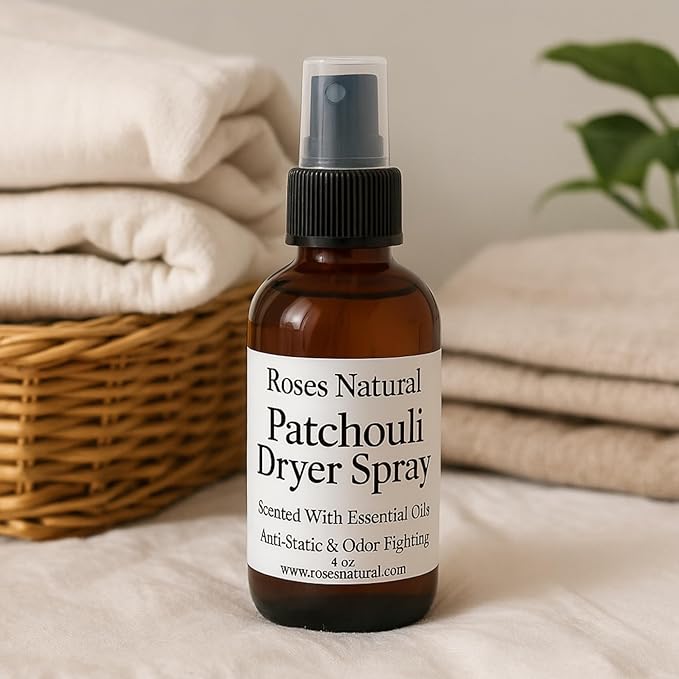 Natural Dryer Ball Spray, 4 oz, Patchouli, Lavender,Essential Oil Laundry Refresher, Fabric Freshener for Clothes, Linens & Wool, Anti-Static & Odor Neutralizer, Made in the USA (Patchouli)