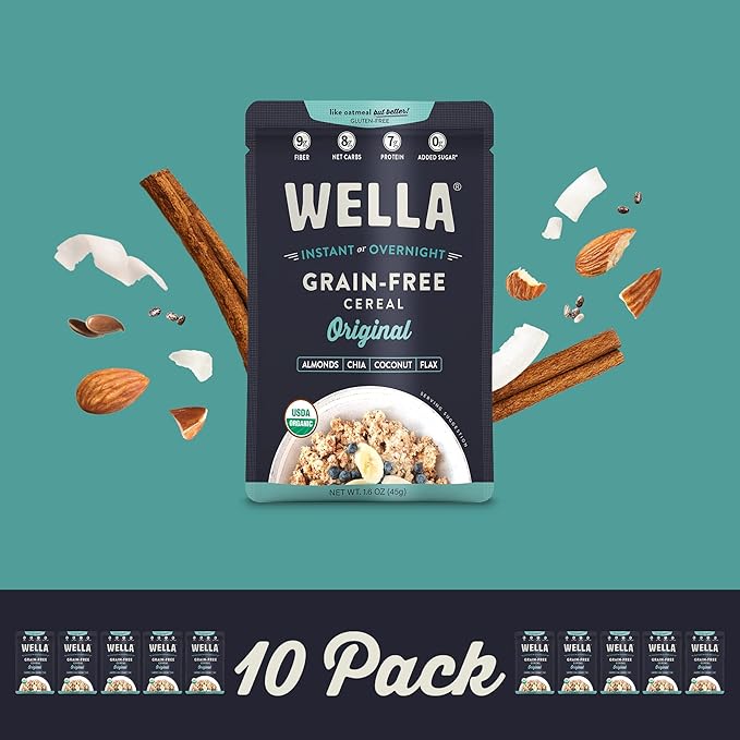 Wella Cereal Oatmeal Alternative, Gluten-Free Breakfast Hot Cereal, Grain-Free Paleo Organic Vegan High Protein Superfood, Plant-Based Non-GMO, Low in Net Carbs, Single-Serve Packets, Original Flavor (10 Count, 1.6 oz. Packets)