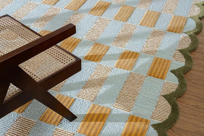 Hand-Tufted Wool Rug with Scalloped Edges, Light Blue Plaid Pattern, Cozy Soft Area Rug for Living Room, Bedroom, and Nursery, Handmade Modern Accent Rug, 5x8 Ft