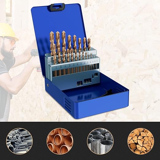 Cobalt Drill Bit Set, 21Pcs M35 High Speed Steel Jobber Length Drill Bit Kit for Hardened Metal, Stainless Steel, Cast Iron, Wood and Plastic, with Index Storage Case, 1/16"-3/8"