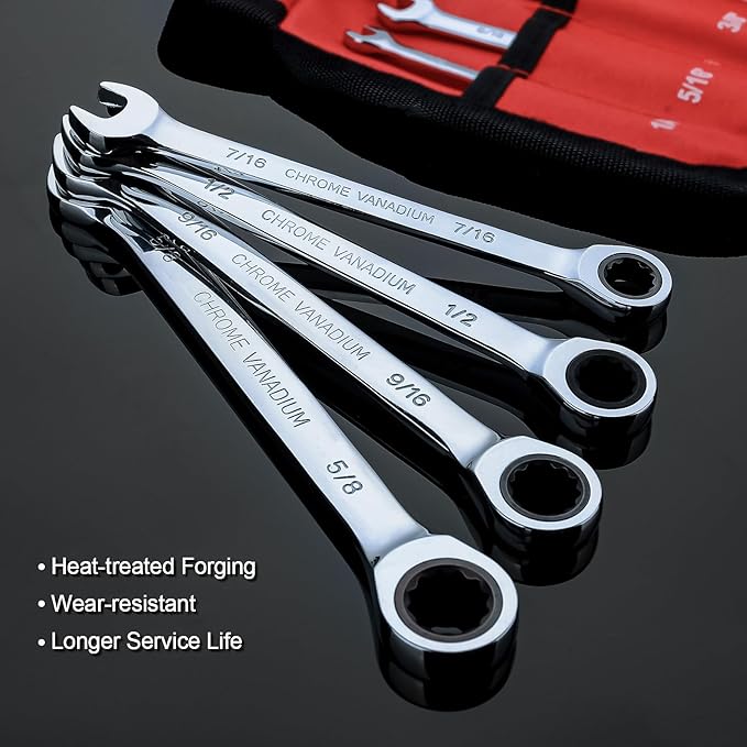 Egofine 8-Piece Ratcheting Wrench Set, Cr-V Steel SAE Wrench Set from 1/4" to 11/16", 72 Teeth Ratchet Wrench, 12 Point Open End & Box End Combination wrench set with Roll Up Pouch