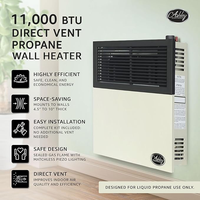 11,000 BTU Direct Vent Liquid Propane Wall Mounted Heater with Piezo Lightning, Safety Pilot and Built In Regulator, Cream