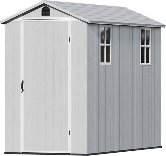 Devoko 4×8 FT Resin Outdoor Storage Shed, Garden Shed with Floor, Lockable Door and Two Windows, Waterproof Outside Plastic shed for Backyard, Bike, Tools, Lawn Mower, Light Grey