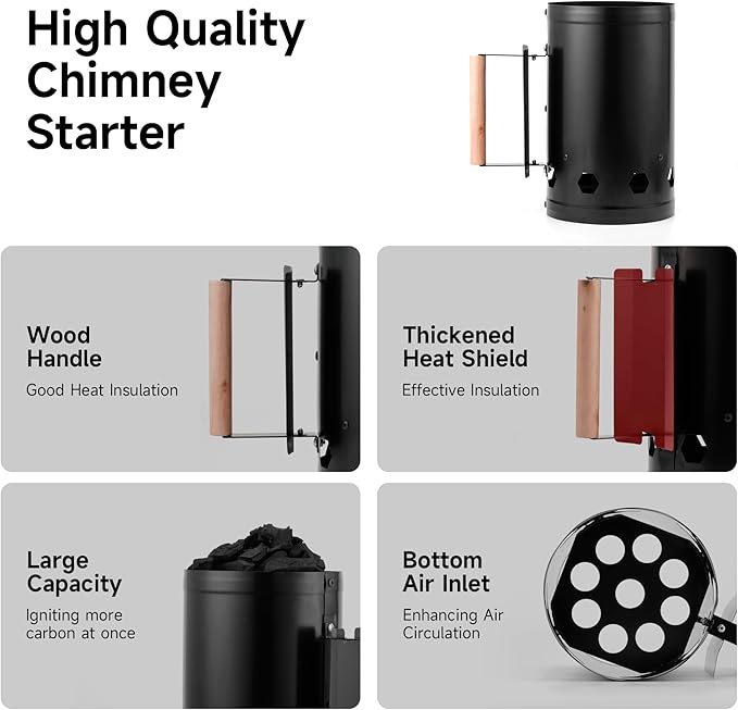 WILLBBQ Charcoal Chimney Starter, Heavy Duty Premium Chimney Starter for Charcoal Grills BBQ Accessory with Heat Resistant Wooden Handle for Outdoor Grill Camping (Dark Black)