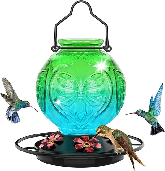 Glass Hummingbird Feeder for Outdoors Hanging, 25Oz Humming Bird Nectar Feeders with Perch & 5 Flower Feeding Ports, Leak Proof for Outside Garden Decor, Gifts for Women (Green & Blue)