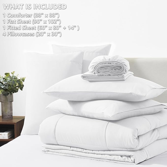 CozyLux Queen Comforter Set White, 7 Pieces Bed in a Bag, White Comforter Queen Size, All Season Bedding Sets with Stitch Quilted Comforter, Flat Sheet, Fitted Sheet, Pillowcases