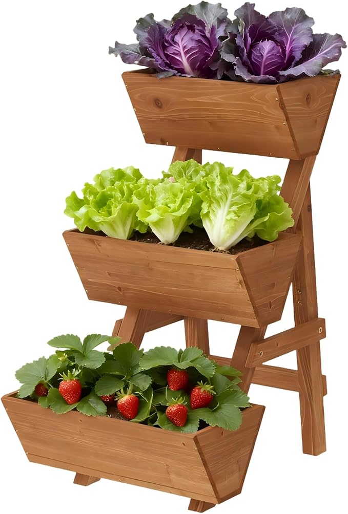 3-Tiers Wooden Raised Garden Bed Tiered Planter Box Vertical Garden Planter Wood Plant Stand for Patio, Balcony, Freestanding. (Brown S)