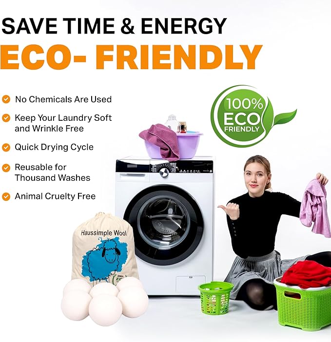 Wool Dryer Balls 6-Pack 100% Natural New Zealand Wool, Handmade in Nepal Reusable Laundry Balls, Faster Drying, Softer Clothes, Anti-Static, Dryer Sheets Alternative (Plain White)