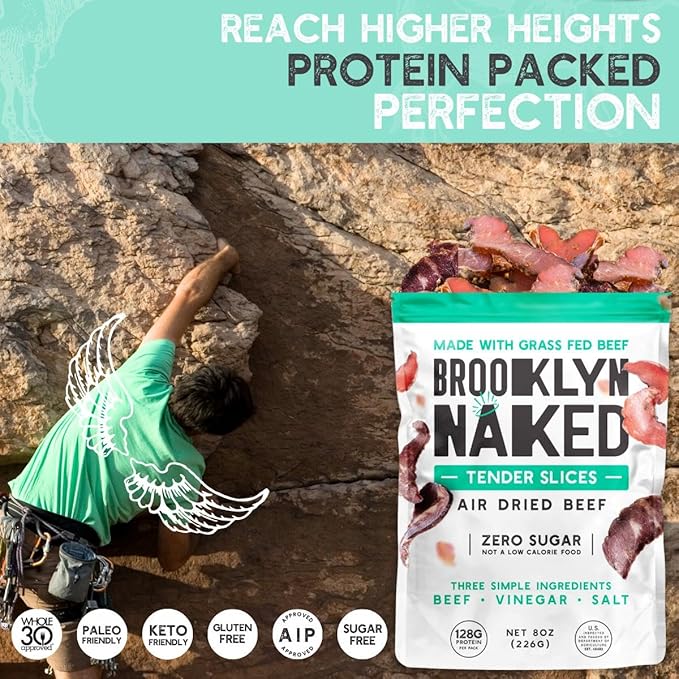 Brooklyn Naked Tender Slices Air Dried Grass Fed Beef Snack, Stripped down Clean Beef Jerky (2oz, Pack of 8) - AIP, Approved, Whole30 Approved, Paleo, Keto, Gluten Free, Sugar Free, Made in USA - (Naked Classic)