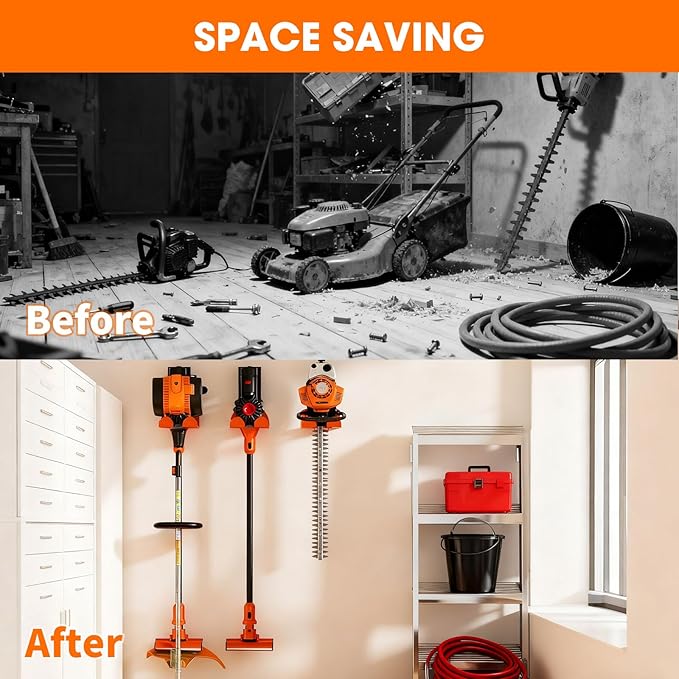 Weed Eater Hanger, Garage Organizer Trimmer Rack Wall Mount, Garden Power Tool Holder Garage Hooks for Grass Trimmer, Hedge Trimmer, Leaf Blower and Chainsaw Storage, 2 Pack