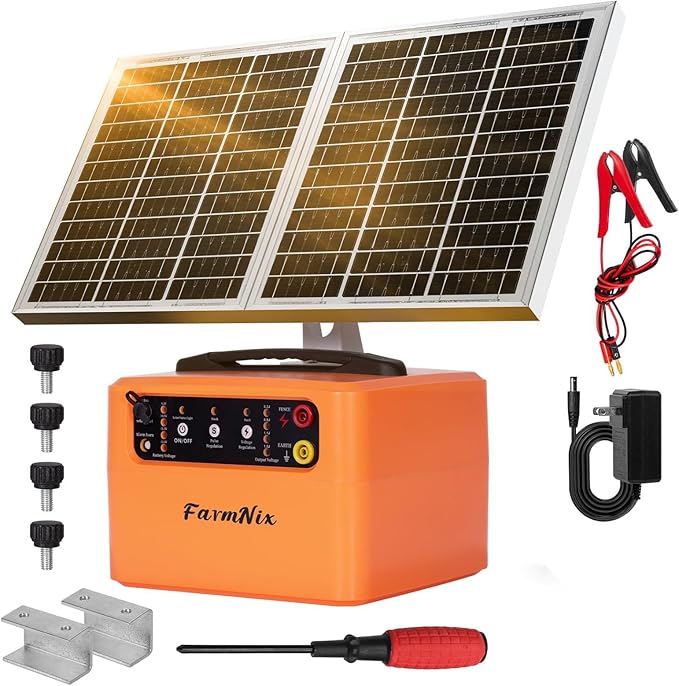 30 Miles Solar Electric Fence Charger with 15W Solar Panel,4 Gears Adjustable Output Power:0.3J,0.8J,1.1J,1.5J,24-Hour Protect Electric Fence for Livestock,Sheep,Horses,Cattle