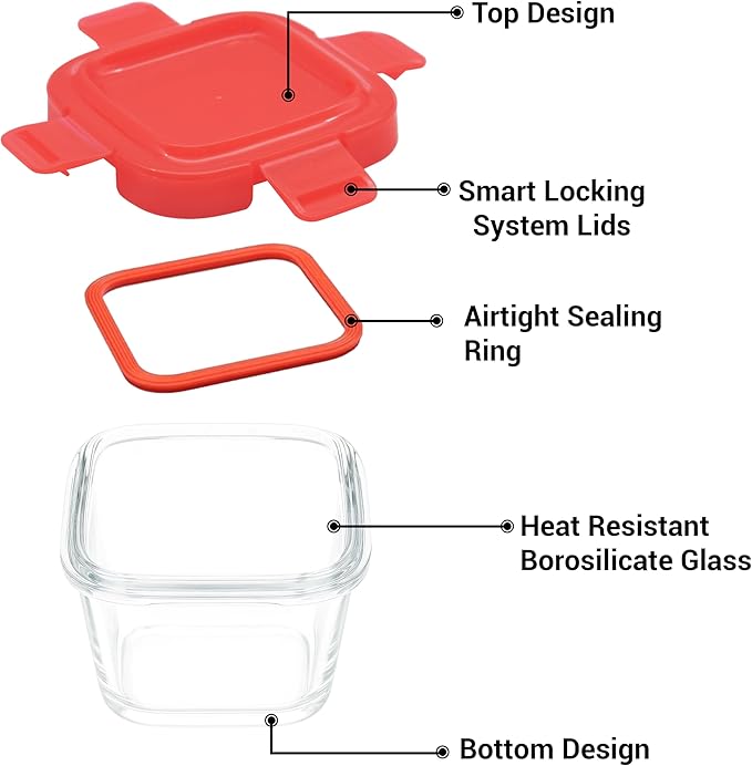 ARSUK Square 5OZ Glass Food Storage Containers with Airtight BPA-Free Lids 6 Pack, Small Glass Freezer Containers for Sauce, Sides, Meal Prep - Reusable & Dishwasher Microwave Fridge Freezer Safe