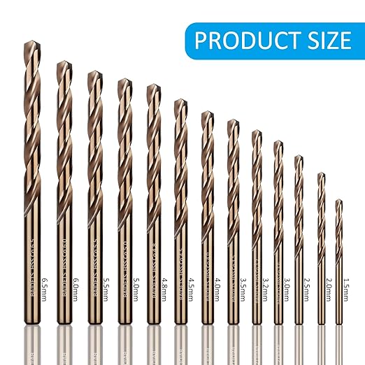 Cobalt Drill Bits Set (1.5-6.5mm, 13Pcs), M35 HSS Metal Twist Drill Bits Set for Hard Metal, Stainless Steel, Cast Iron, Plastic, Wood, Other Materials