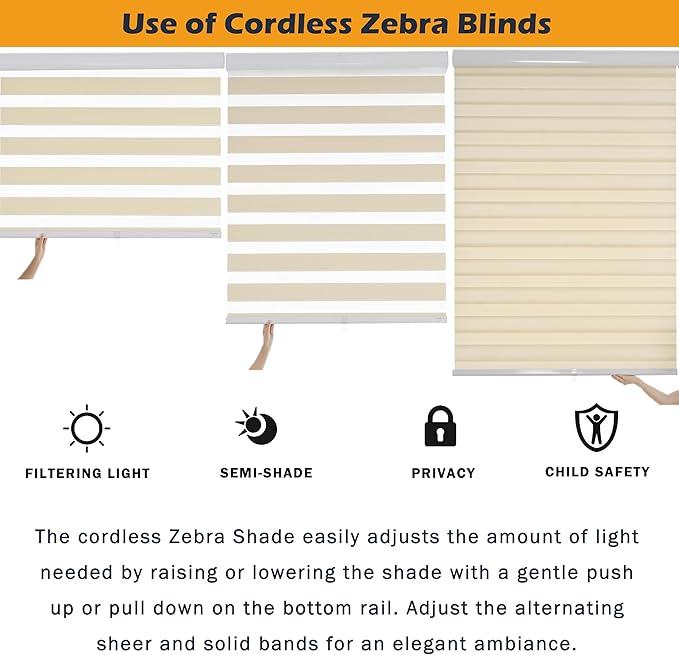 Cordless Zebra Blinds for Indoor Windows Free-Stop Zebra Shades Dual Layer Light Filtering Sheer Shades Roller Window Blinds for Home (31" W X 72" H, Cream)