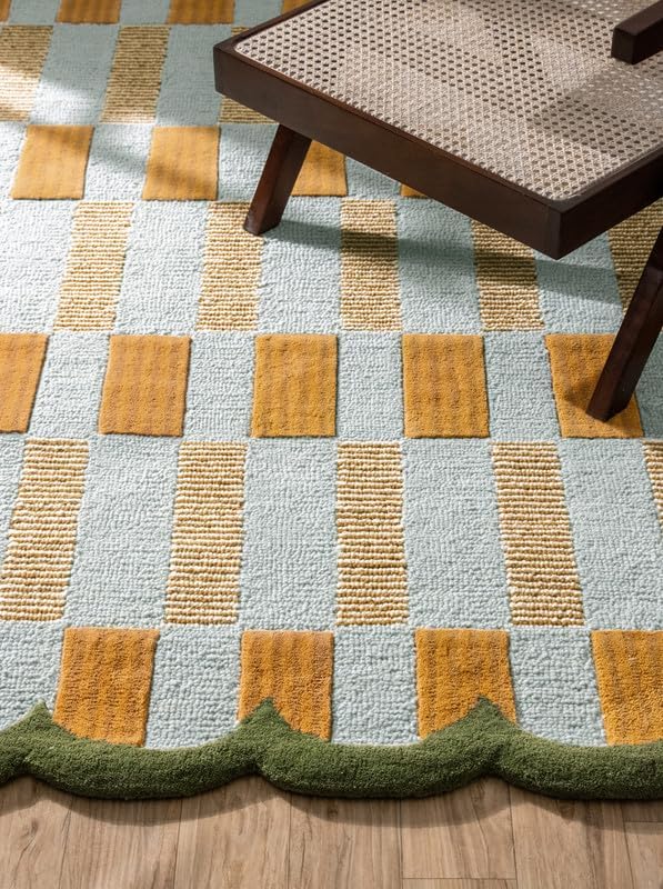 Hand-Tufted Wool Rug with Scalloped Edges, Light Blue Plaid Pattern, Cozy Soft Area Rug for Living Room, Bedroom, and Nursery, Handmade Modern Accent Rug, 6x6 Ft (Square)
