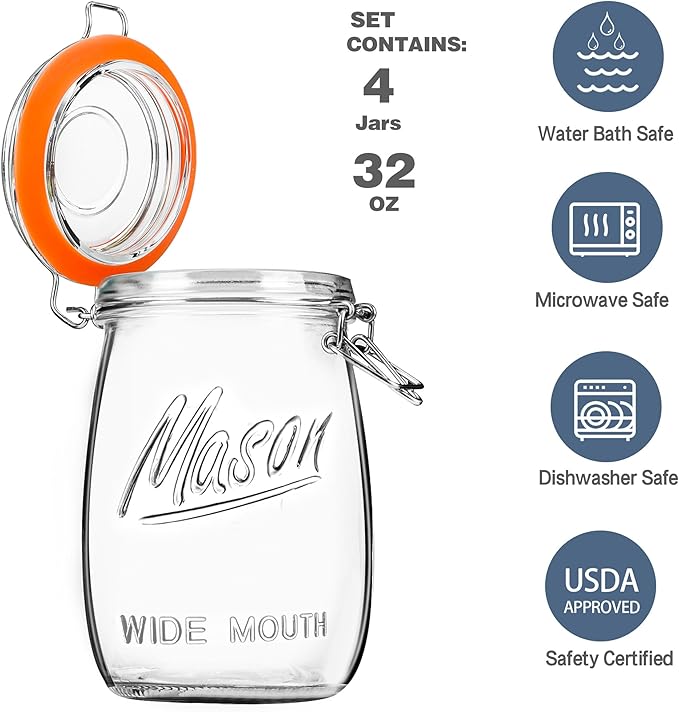 Wide Mouth Mason Jars with Airtight Lid 32 oz 4 Pack - Large Mason Jars For Flour and Sugar With Scale Mark Food Storage Canning Jars for Pickling Flour Sugar Pasta Oats Cereal