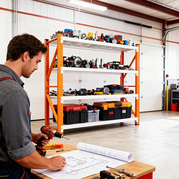 4-Tier Storage Shelves,79" H Heavy-Duty Garage Shelving Unit,Adjustable Metal Industrial Shelf System,3,500lbs Capacity,Tool Organizer for Garage,Workshop,48" W x 20" D x 79" H,Orange&White