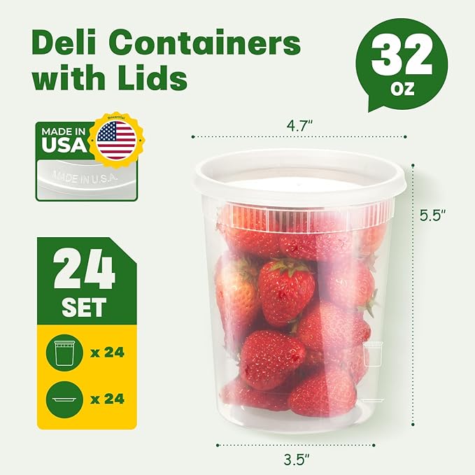 32 oz Deli Containers with Lids [24 Set] – Made in USA, BPA-Free Plastic Food Containers, Freezer & Microwave Safe, Stackable Meal Prep & Soup Storage Containers, Ideal for Takeout & Kitchen Use