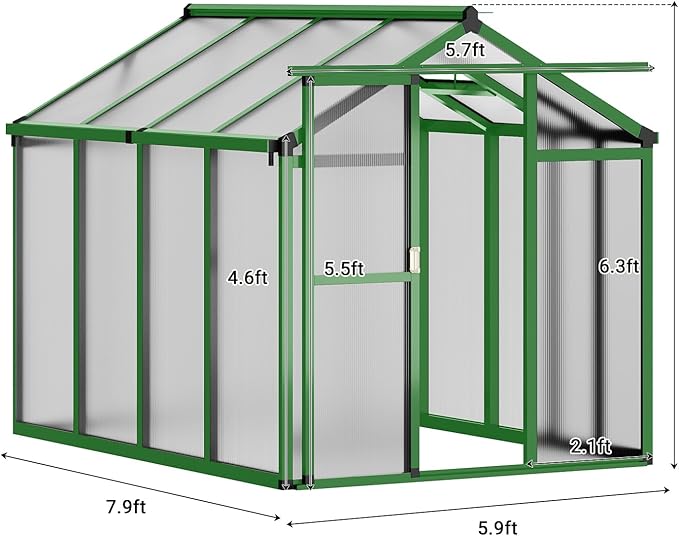 6x8 FT Greenhouse, Easy Assembly Aluminum Polycarbonate Greenhouses for Outdoors with Roof Vent, Large Aluminum Walk-in Greenhouse for Sunroom Patio, Backyard, Garden, Sliding Lockable Door, Green