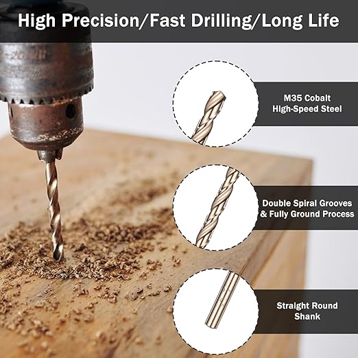 1/8" Cobalt Drill Bit Set, 10 Pcs M35 High Speed Steel Jobber Length Drill Bit Kit, 135 Degree Tip, Tiny Straight Shank Twist Drills for Hard Metal, Stainless Steel, Plastic, and Hard Wood