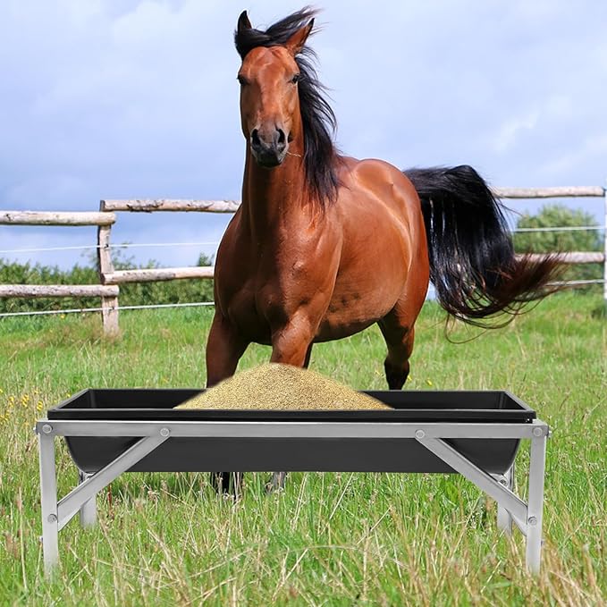 Livestock Feed Trough, 39 Inch Long Feeding Trough with Stand, 9.25 Gallon Capacity Heavy Duty Feeder, Feeding Tool for Goats Sheep Deer Pigs (Black)