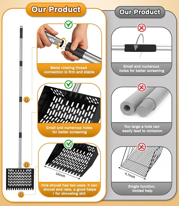 Chicken Poop Scooper for Sand,Coop Scoop 3 IN 1 Rake Function【Fine Sieve Holes】【Adjustable Stainless handle 24 to 68"】Metal Cat Litter Scoop, No Hole Shovel Side Scooper Chicken Poop Scooper for Sand