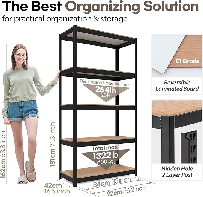 HOMEDANT House 5 Tier Laminated Metal Shelving Unit Adjustable Storage Utility Rack Heavy Duty Shelves Organization Multipurpose Shelf Kitchen Garage Pantry Closet (2, (M) 36.2" W, Black)