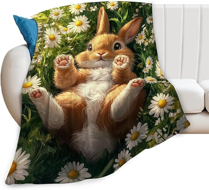 Cute Rabbit Blanket Bunny Hare Throw Blankets Daisy Gifts for Girls Boys Kids Rabbit Lover Soft Cozy Fleece Plush for Couch Sofa Bed 80"x60"
