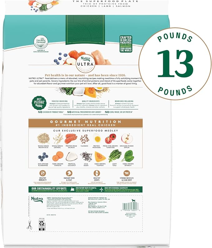 Nutro Ultra Senior Dry Dog Food with a Trio of Proteins from Chicken, Lamb and Salmon, 13 lb Bag
