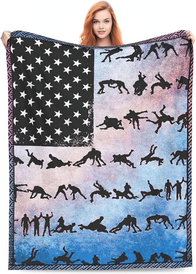 Wrestling Blanket American Flag Decor Throw Blanket Super Soft Flannel Lightweight Fluffy Plush Fuzzy Fleece Sports Blanket Gifts for Wrestler Boys Man Woman Girls Kids Adults for Bed Sofa 40"X50"