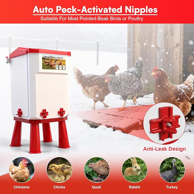 3 Gallon Heated Chicken Waterer for Winter Automatic Chicken Water Heater,Adsjustable Height Anti-Freezing Poultry Watering System with Thermostatic Control,Red,12.6 in x 8.3 inch x 8.3 in