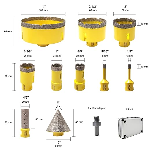 FEWELL 11pcs Diamond Tile Hole Saw Kit with 5/8-11,Diamond Core Drill Bit Set (6/8/20/25/35/50/65/100mm+20mm Finger Bit+50mm Chamfer Bit) for Porcelain Ceramic Tile Marble Granite