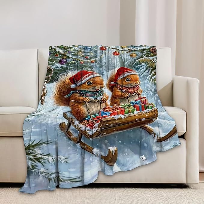 Christmas Squirrel Blanket Cute Animal Throw Blankets Gifts for Girls Boys Kids Squirrel Lover Soft Cozy Fleece Plush for Couch Sofa Bed 50"x40"