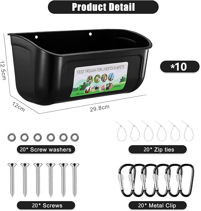 Chicken Feeder Waterer, 10 Pack Duck Feeder Supplies, Hanging Fence Feed Trough with Clips for Goat, Sheeple, Piglet, Gooses, Turkeys, Dog Livestock Poultry, Black