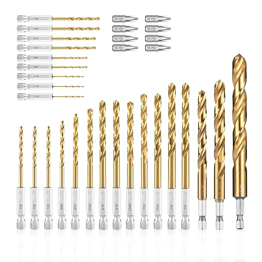 amoolo Impact Drill Bit Set, 33pcs Titanium HSS Twist Hex Shank Drill Bit Set for Metal, Steel, Wood, Plastic, Quick Change Design Plus 8pcs PH2 Short bits (1/16''-1/2'')