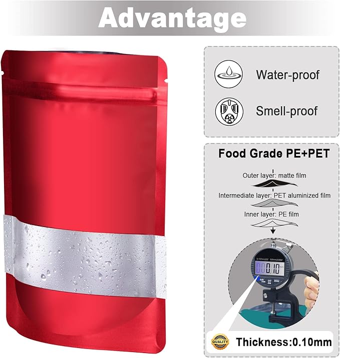 5.5"x7.8" 120pcs Mylar Bags for Food Storage,Smell Proof Bag with Matte Window Resealable Food Storage Bags for Small Business, Stand-up Foil Pouch Packaging Freeze Dried Candy Bag（Red）